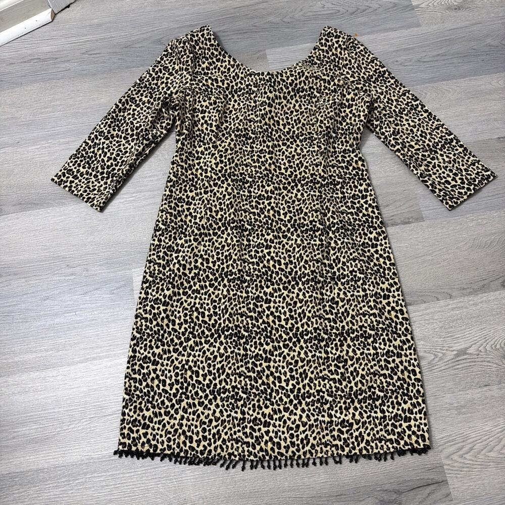 Robbie Bee Vintage Leopard Print Shift Dress Beaded Fringe Hem Size 8P